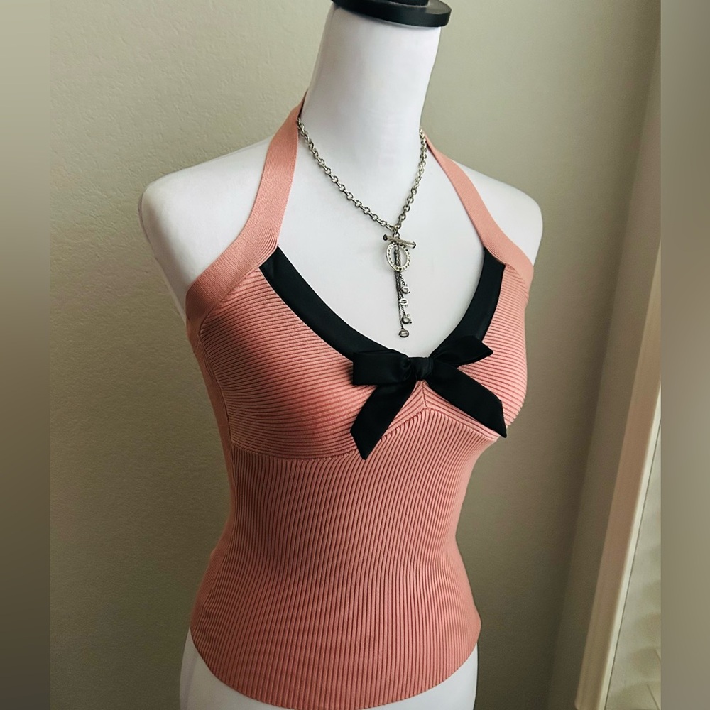 Bebe Y2K Pink Silk Rib Knit Halter with Black Bow S NWT